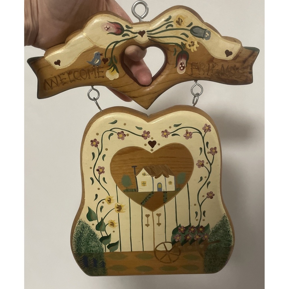 Welcome Friends 2 Piece Wooden Plaque Hearts Flowers Bird Cottage Folk Art